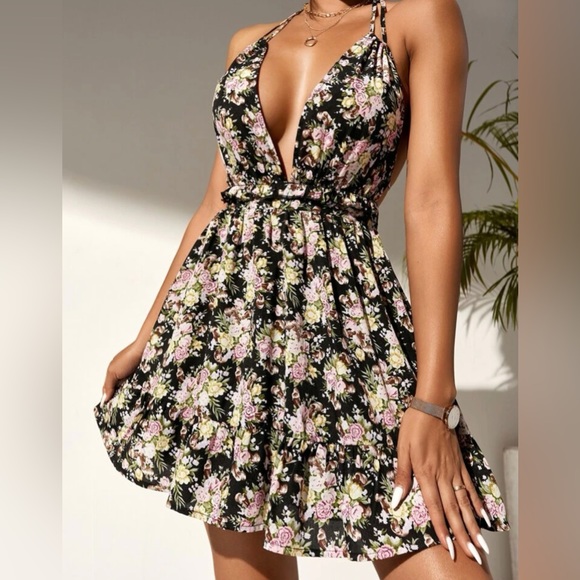 SHEIN PETITE Floral Tie Backless Frill Ruffle Hem Halter Dress - Picture 1 of 4